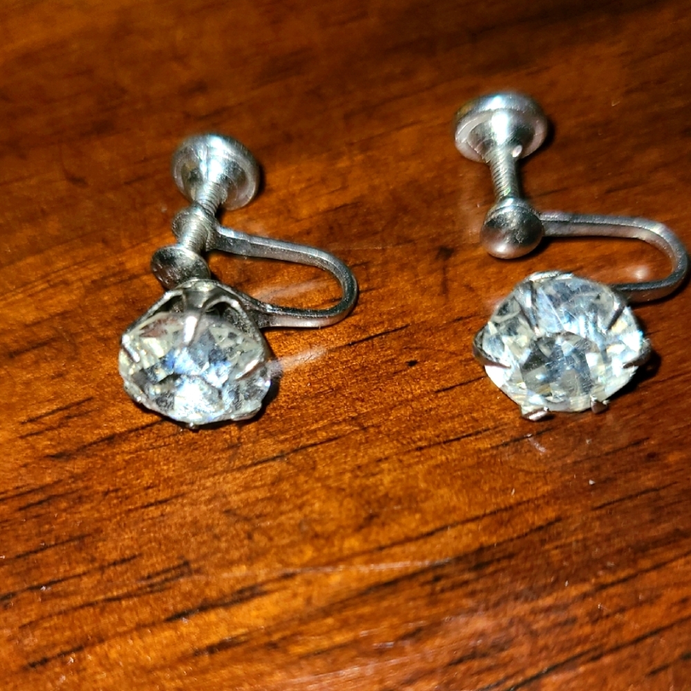 Antique Silver Crystal Screw Back Earrings